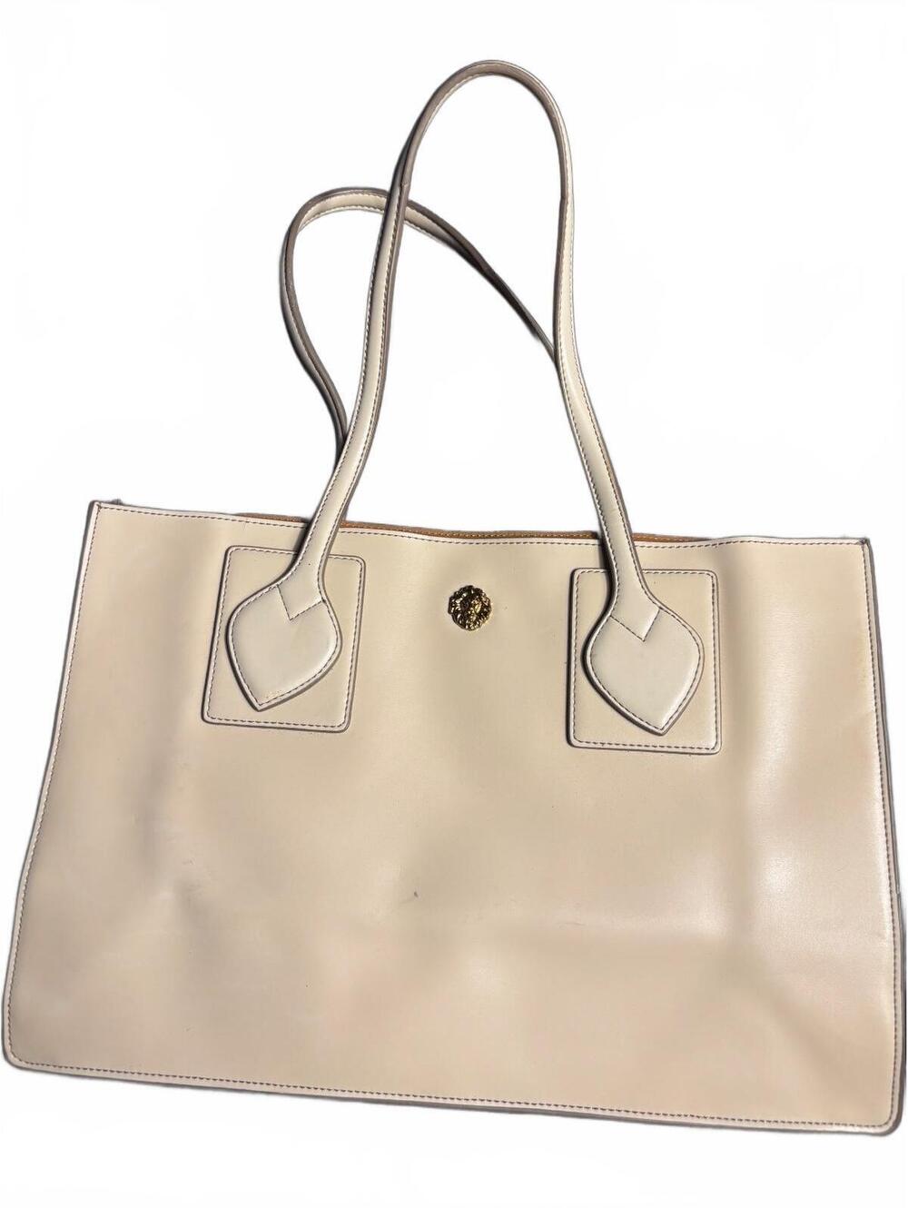 Anne Klein Cream Leather Tote Bag with Gold Lion Head Accent